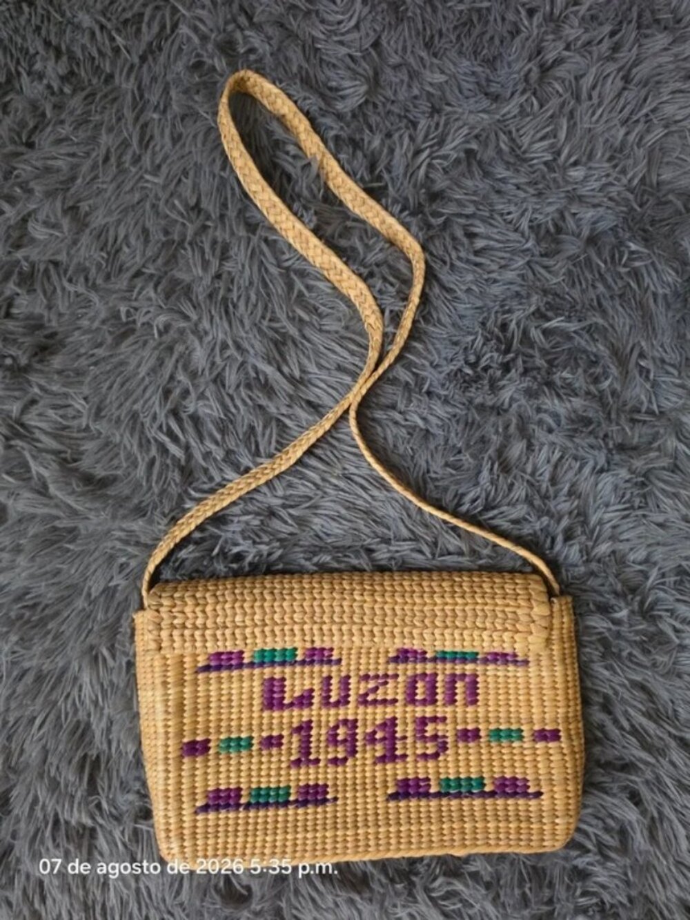 Women's Woven Shoulder Bag Beige Purple Green Text Luzon 1945 Rectangle